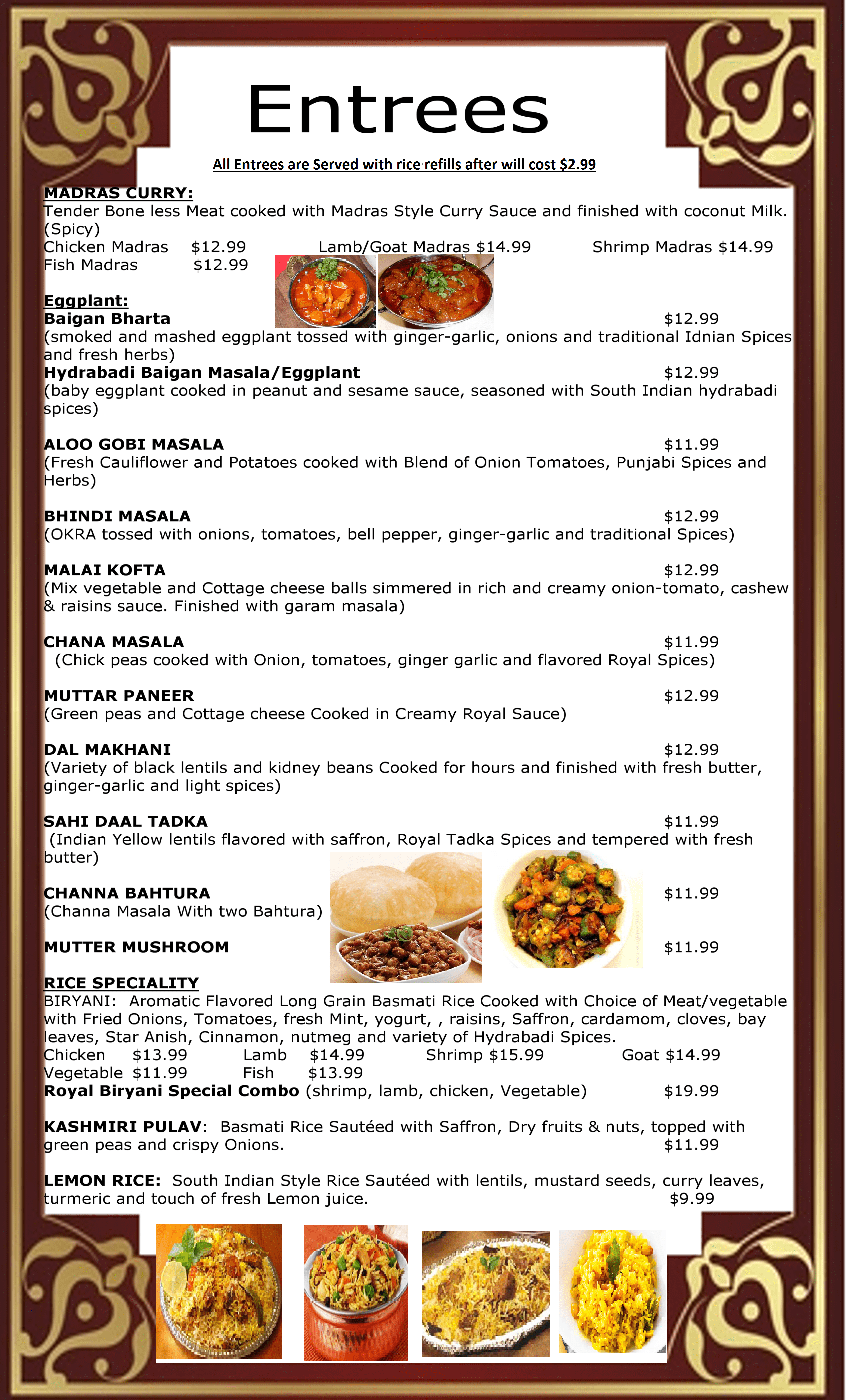 Menu Royal Indian Cuisine 507 258 7500